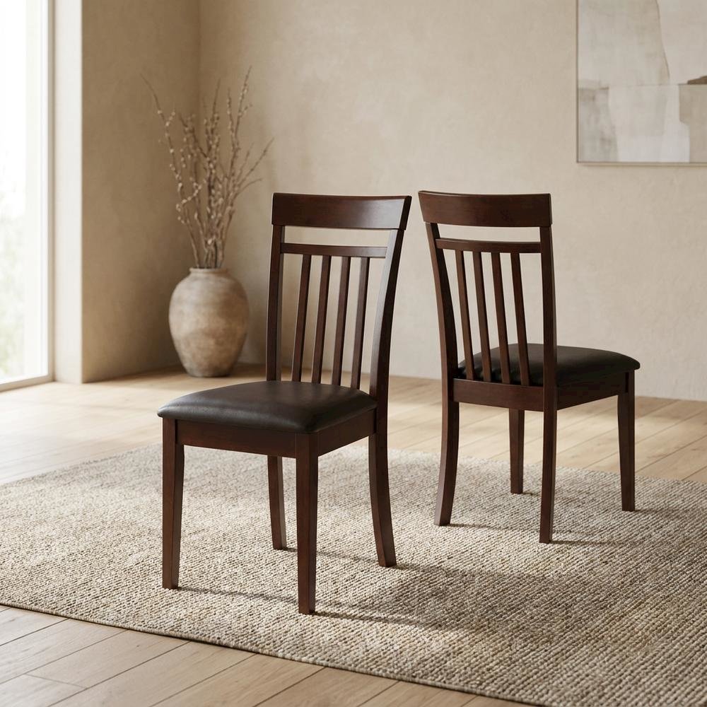 Solid Wood Slat-Back Dining Chairs with Faux Leather Seat, Mahogany, Set of 2. Picture 4