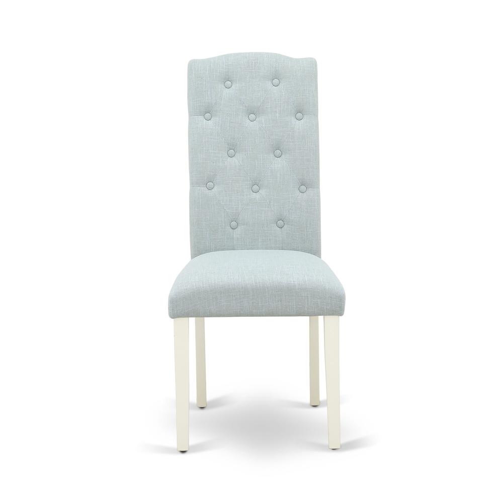 1MZCE3-LWH-15 3Pc Dining Table Set Contains a Wood Dining Table and 2 Upholstered Dining Chairs with Baby Blue Color Linen Fabric, Drop Leaf Table with Full Back Chairs, Linen White Finish. Picture 6