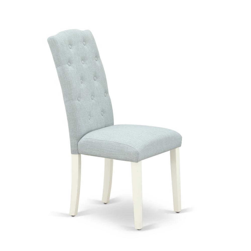 1MZCE3-LWH-15 3Pc Dining Table Set Contains a Wood Dining Table and 2 Upholstered Dining Chairs with Baby Blue Color Linen Fabric, Drop Leaf Table with Full Back Chairs, Linen White Finish. Picture 7