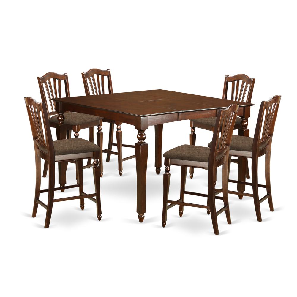 CHEL7-MAH-C 7 Pc pub height set- Square Counter height Table with 6 Stools. Picture 1