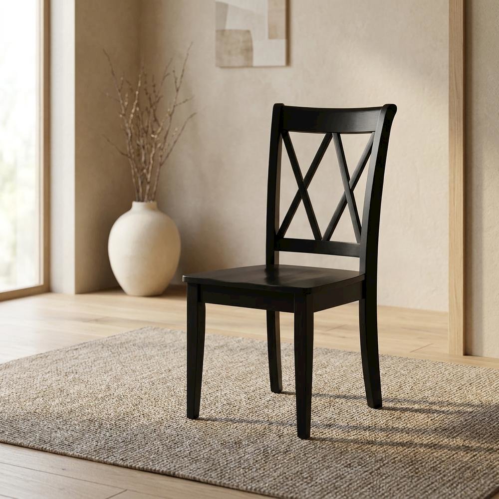 Solid Wood Dining Chairs with Double Cross Back, Black, Set of 2. Picture 4
