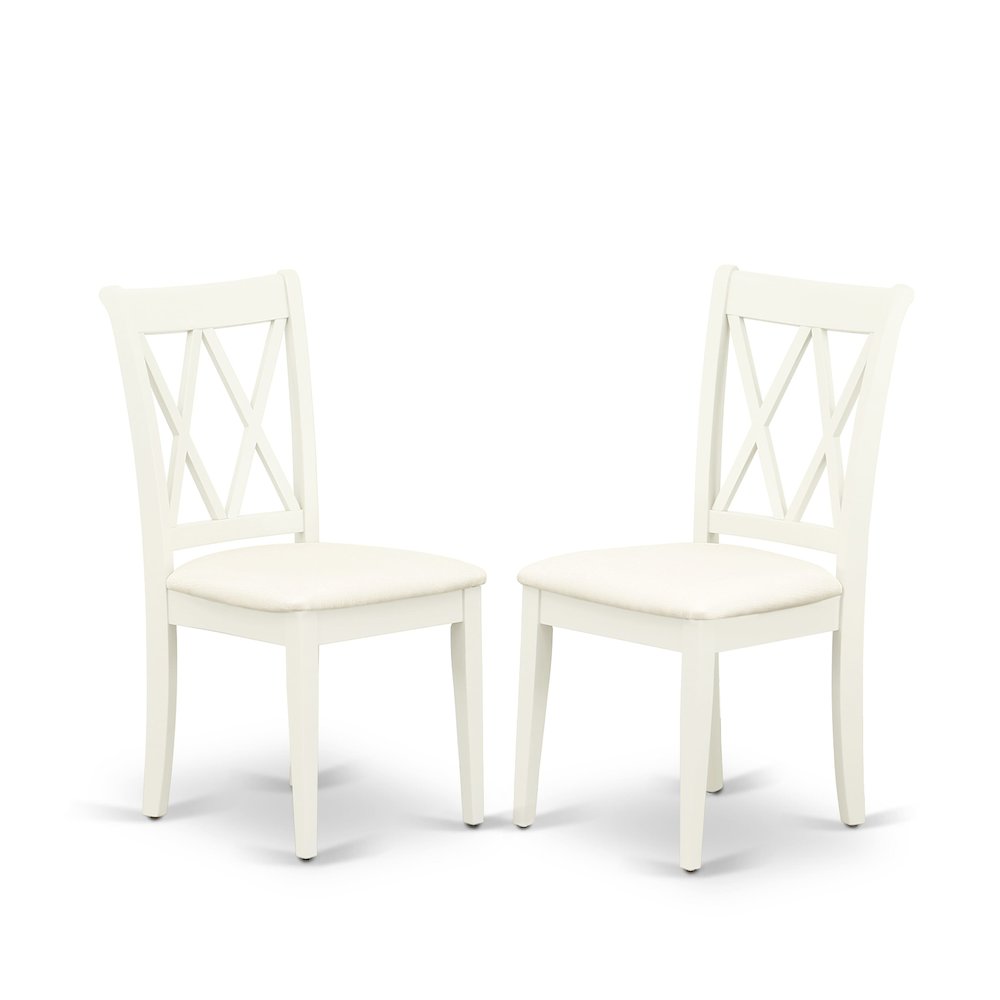 East West Furniture 3 Piece Dinning Room Table Set Contains 1 Wood Table and 2 Linen White Dining Room Chairs with Double X-Back - Linen White Finish. Picture 6