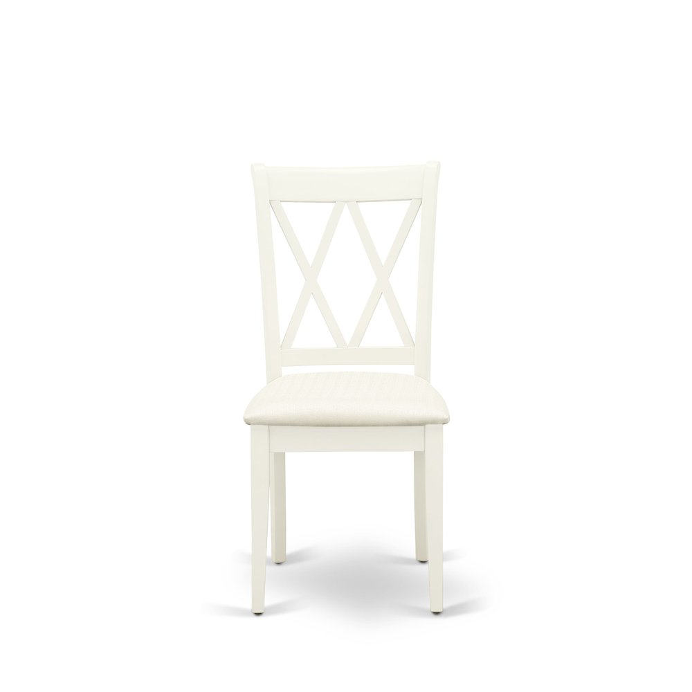 East West Furniture 3 Piece Dinning Room Table Set Contains 1 Wood Table and 2 Linen White Dining Room Chairs with Double X-Back - Linen White Finish. Picture 7