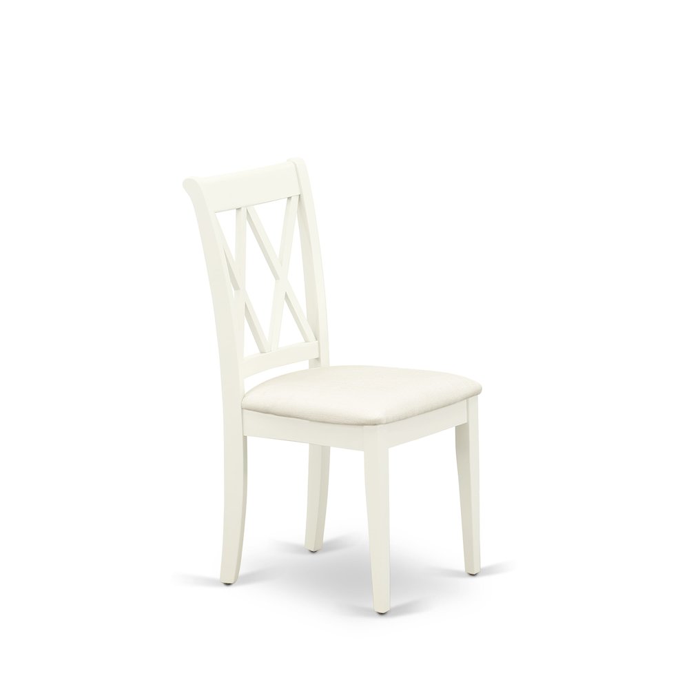 East West Furniture 3 Piece Dinning Room Table Set Contains 1 Wood Table and 2 Linen White Dining Room Chairs with Double X-Back - Linen White Finish. Picture 8