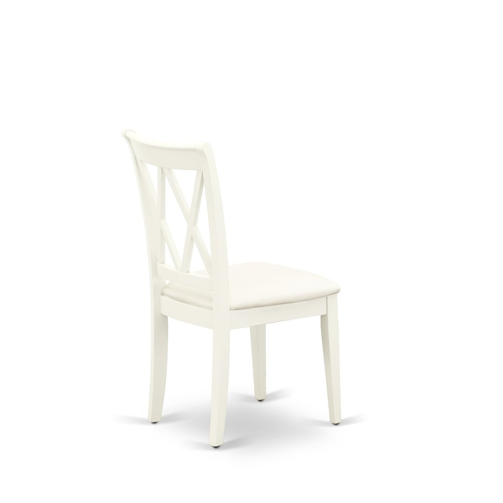East West Furniture 3 Piece Dinning Room Table Set Contains 1 Wood Table and 2 Linen White Dining Room Chairs with Double X-Back - Linen White Finish. Picture 10