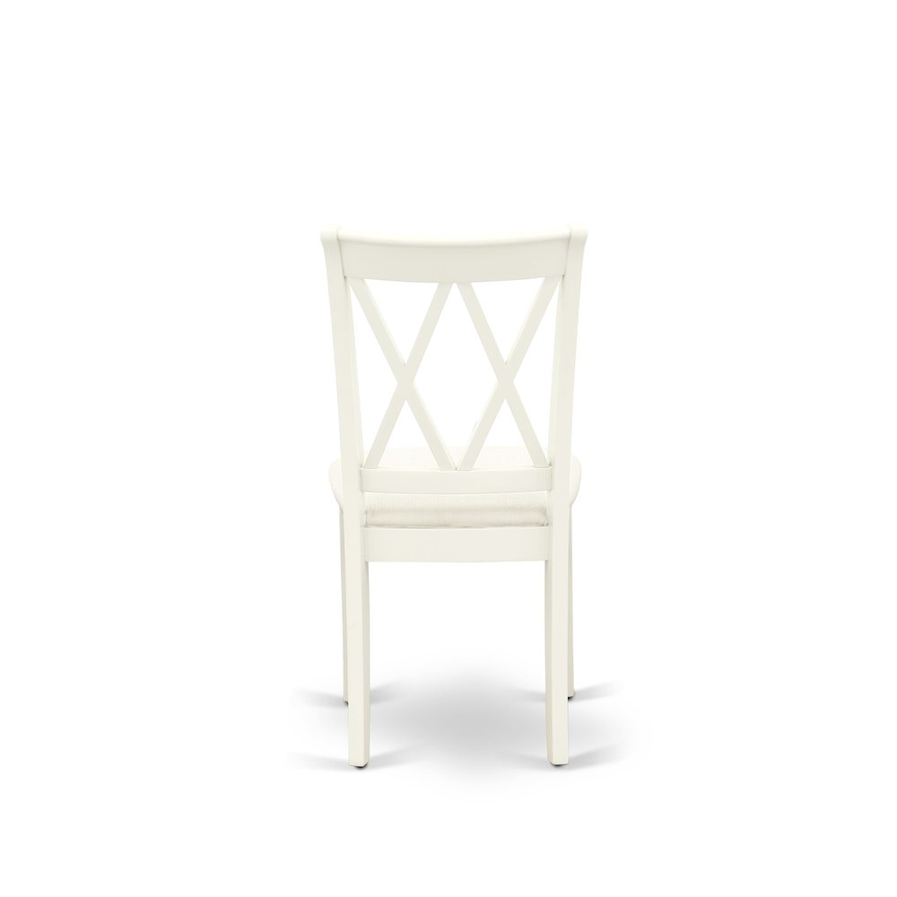 East West Furniture 3 Piece Dinning Room Table Set Contains 1 Wood Table and 2 Linen White Dining Room Chairs with Double X-Back - Linen White Finish. Picture 11