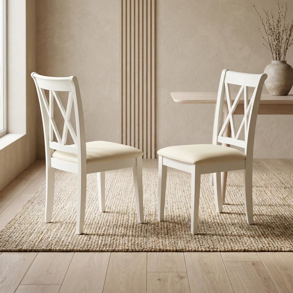 Upholstered Dining Chair with Solid Wood Legs for Dining Room, Linen White, Set of 2. Picture 4