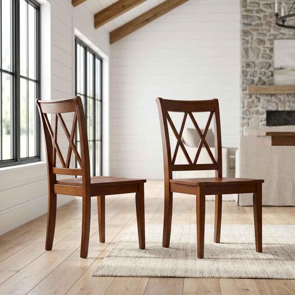 Solid Wood Dining Chairs with Double Cross Back, Mahogany, Set of 2. Picture 3