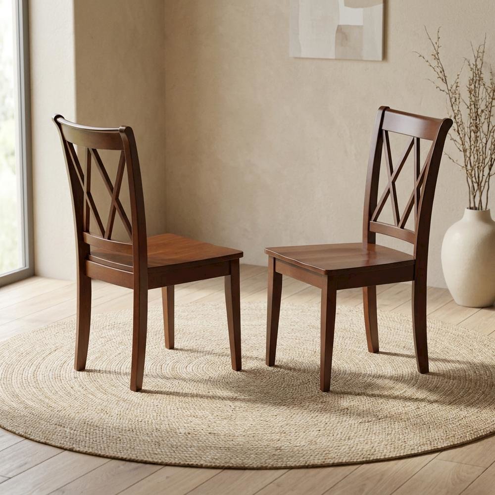 Solid Wood Dining Chairs with Double Cross Back, Mahogany, Set of 2. Picture 4