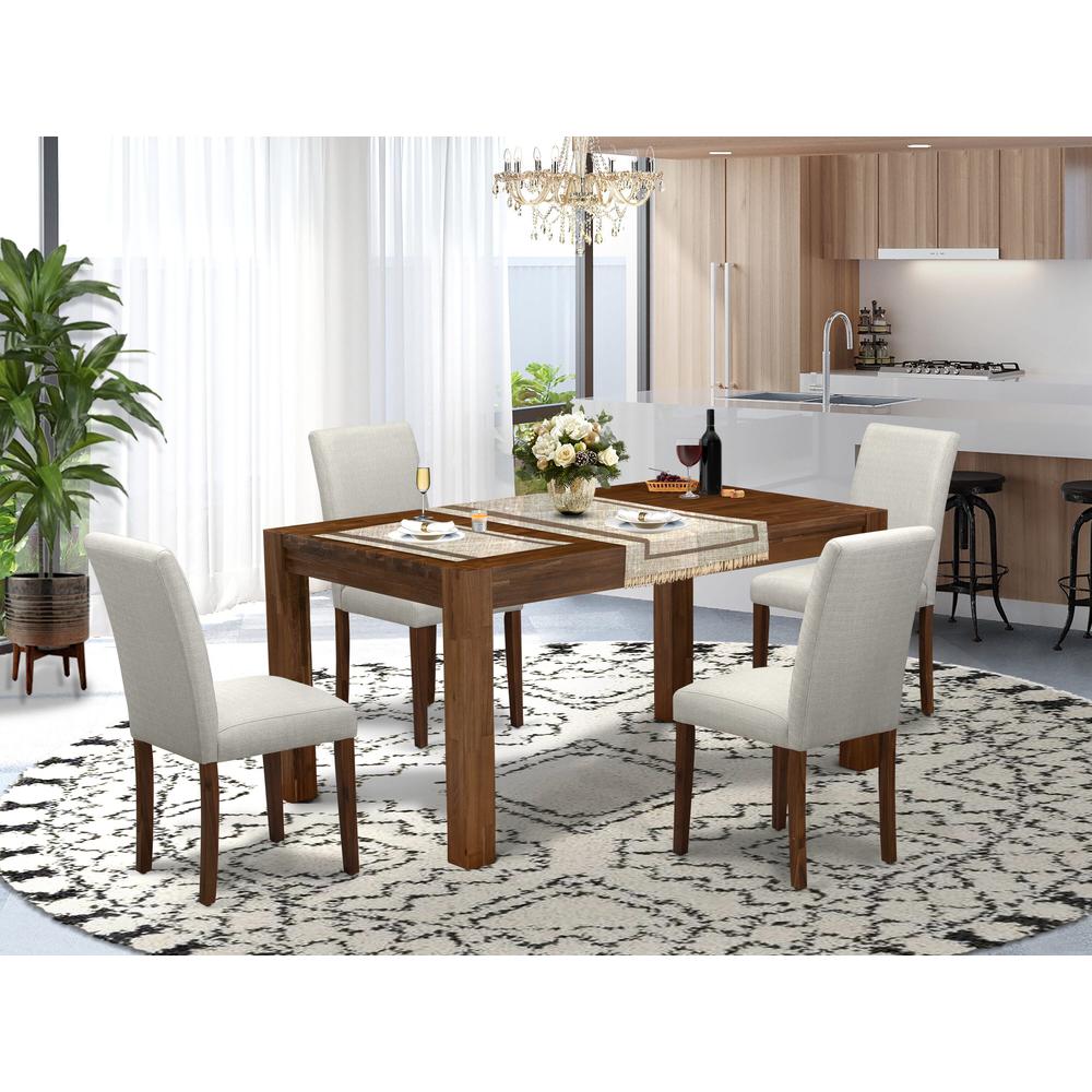 CNAB5-N8-05 - 5-Pc Modern Dining Table Set- 4 Dining Chairs and Wood Dining Table - Grey Linen Fabric Seat and High Chair Back (Antique Walnut Finish). Picture 2