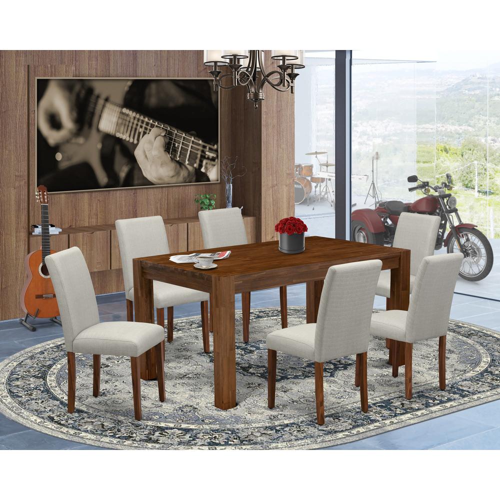7 Piece Dining Table Set Consist of a Rectangle Rustic Wood Kitchen Table and 6 Grey Linen Fabric Upholstered Parson Chairs, 36x60 Inch, Natural Walnut. Picture 8