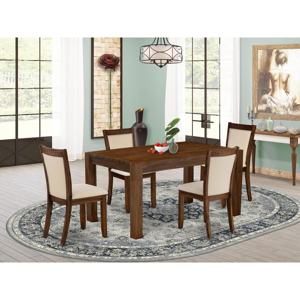 East West Furniture 5-Piece Dinner Table Set Include A Wood Table and 4 Light Beige Linen Fabric Upholstered Chairs with Stylish High Back (Sand Blasting Antique Walnut Finish). Picture 2
