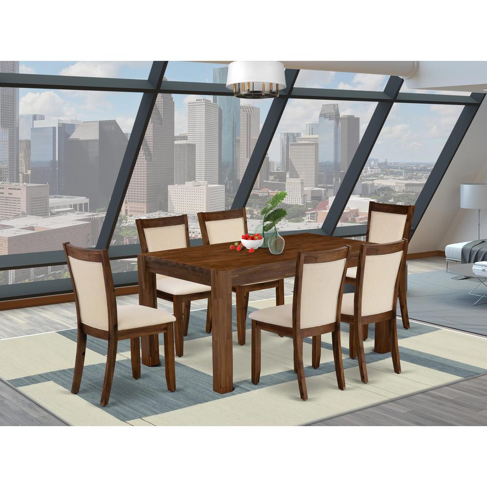 East West Furniture 7-Pcs Dining Set - A Wood Dining Table and 6 Light Beige Linen Fabric Mid Century Chairs with Stylish High Back - (Sand Blasting Antique Walnut Finish). Picture 2