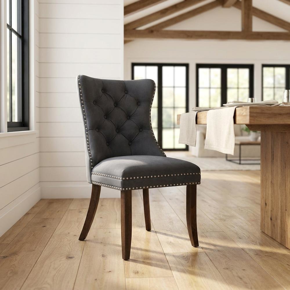 Wooden Parsons Dining Chair, Upholstered Seat, Antique Walnut, Set of 2. Picture 3
