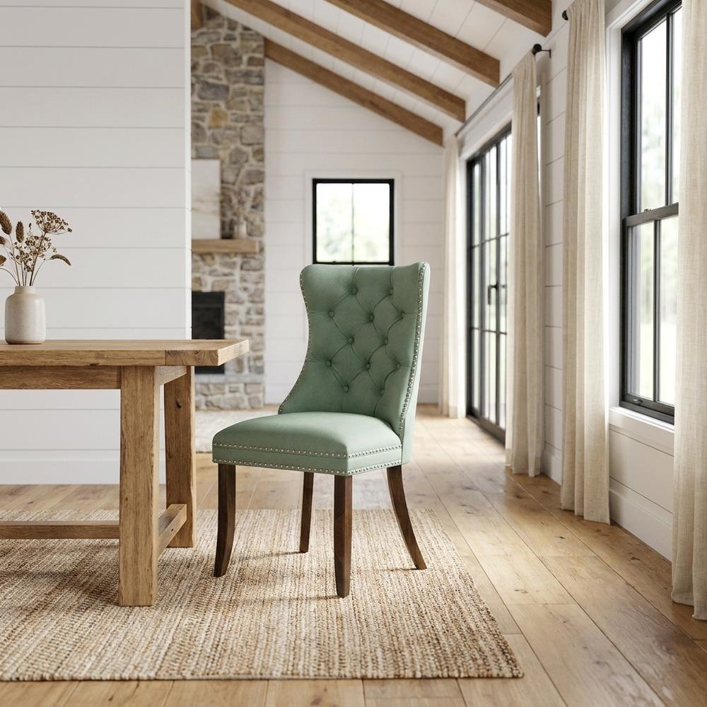 Wood Parsons Dining Chair, Upholstered Kitchen Chair, Willow Green, Set of 2. Picture 3