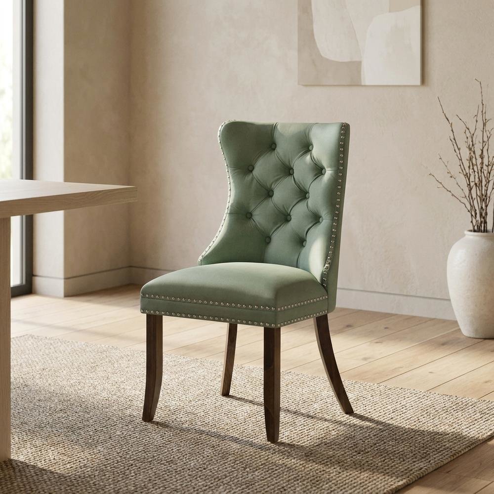Wood Parsons Dining Chair, Upholstered Kitchen Chair, Willow Green, Set of 2. Picture 4