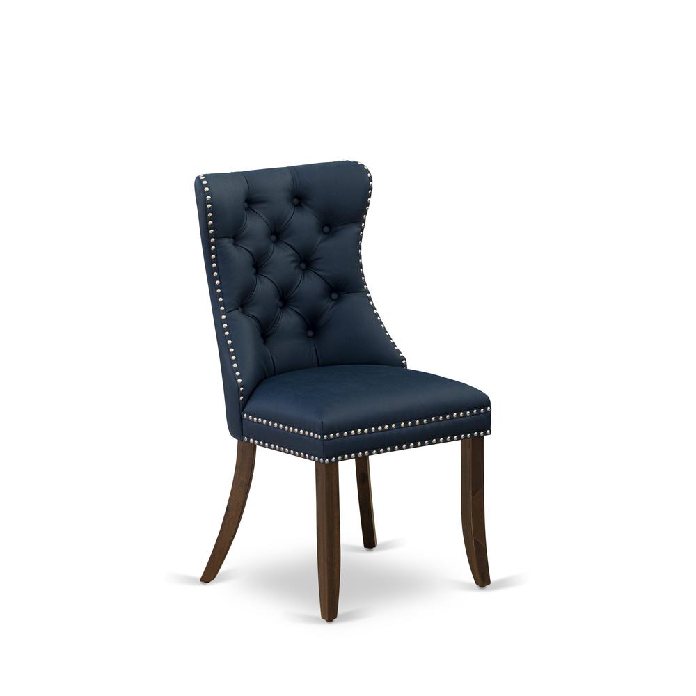 Parson Chairs - Navy Blue faux leather Upholstered, Set of 2, Antique Walnut. Picture 3