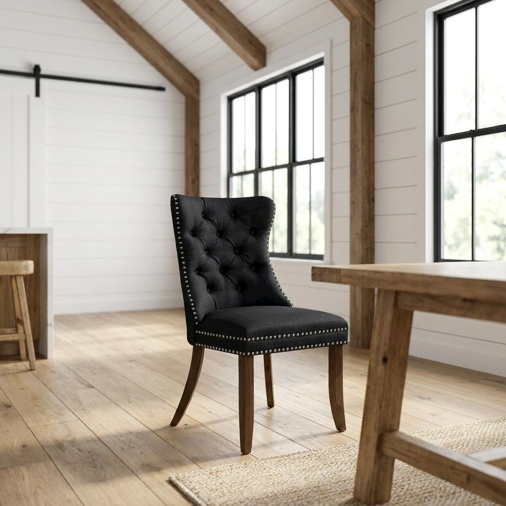 Wood Parsons Dining Chair, Upholstered Kitchen Chair with Walnut Finish, Black, Set of 2. Picture 3
