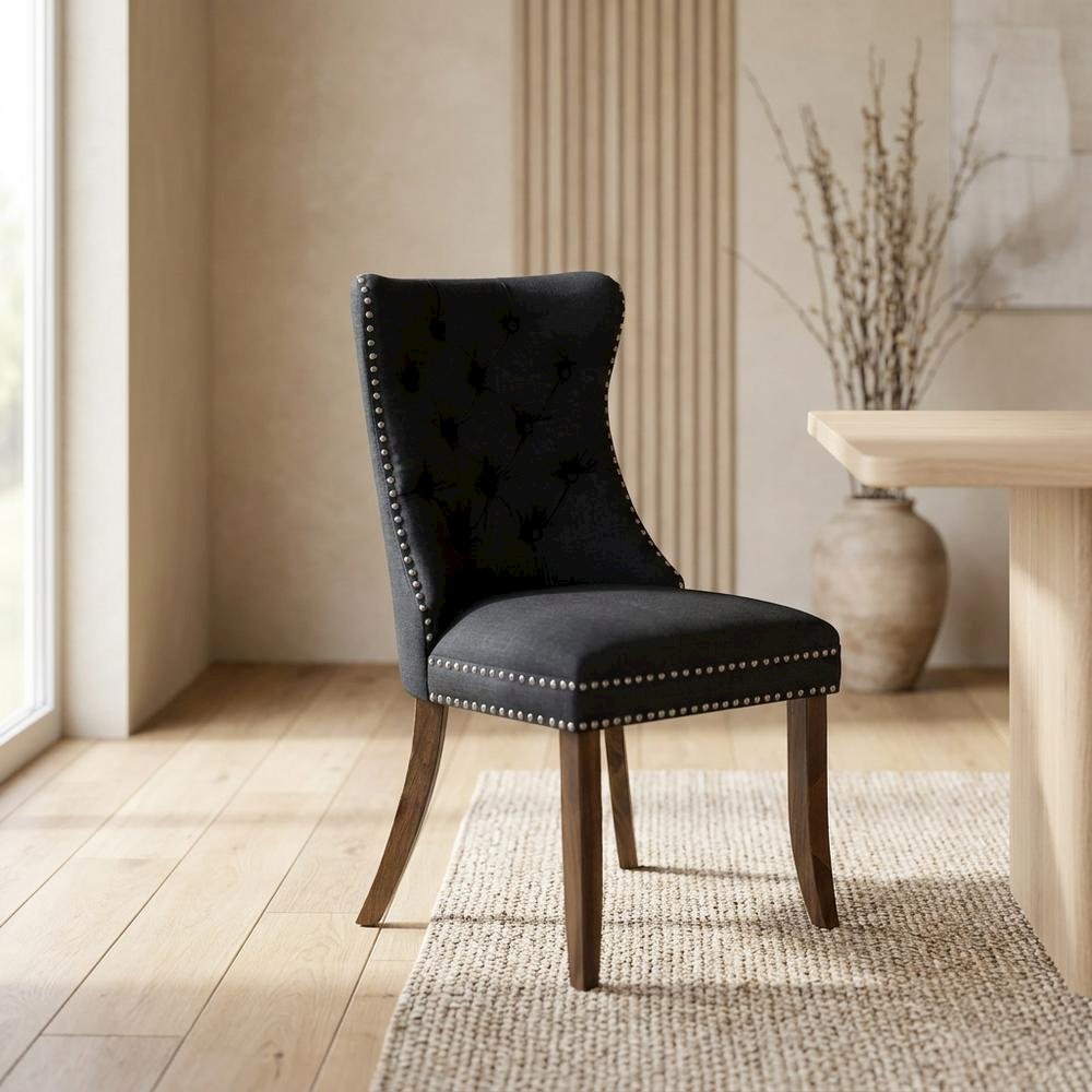 Wood Parsons Dining Chair, Upholstered Kitchen Chair with Walnut Finish, Black, Set of 2. Picture 4