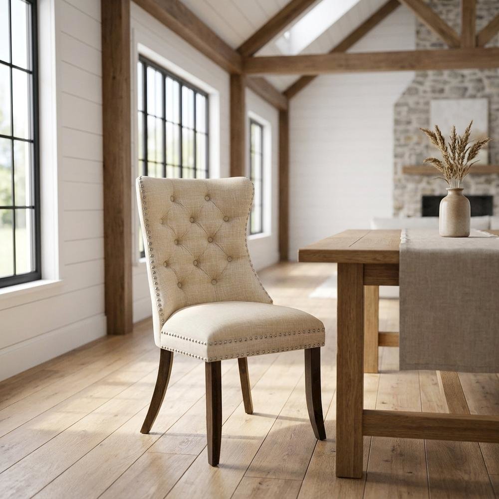 Wooden Parsons Dining Chair with Upholstered Seat, High Back, Light Beige, Set of 2. Picture 3