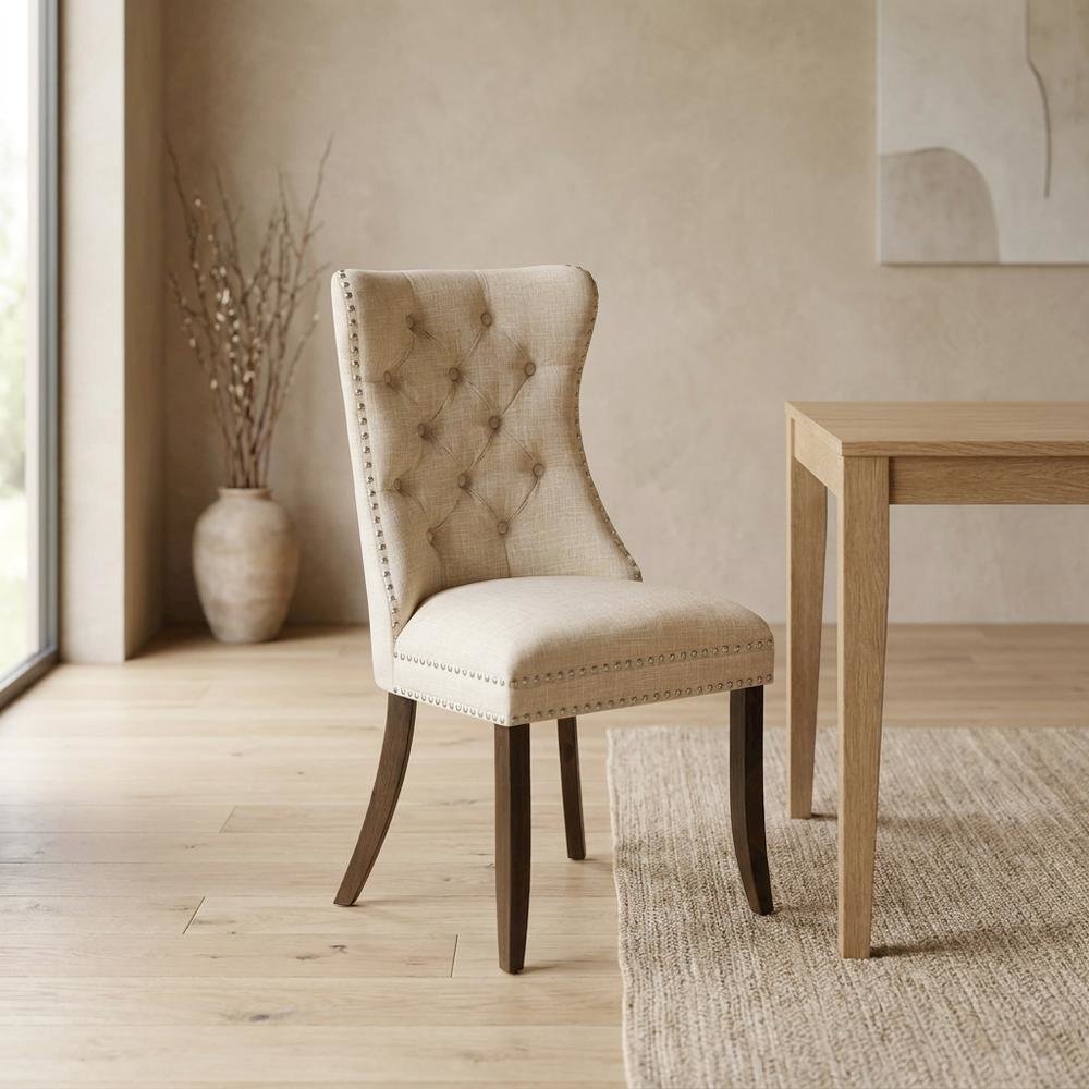 Wooden Parsons Dining Chair with Upholstered Seat, High Back, Light Beige, Set of 2. Picture 4