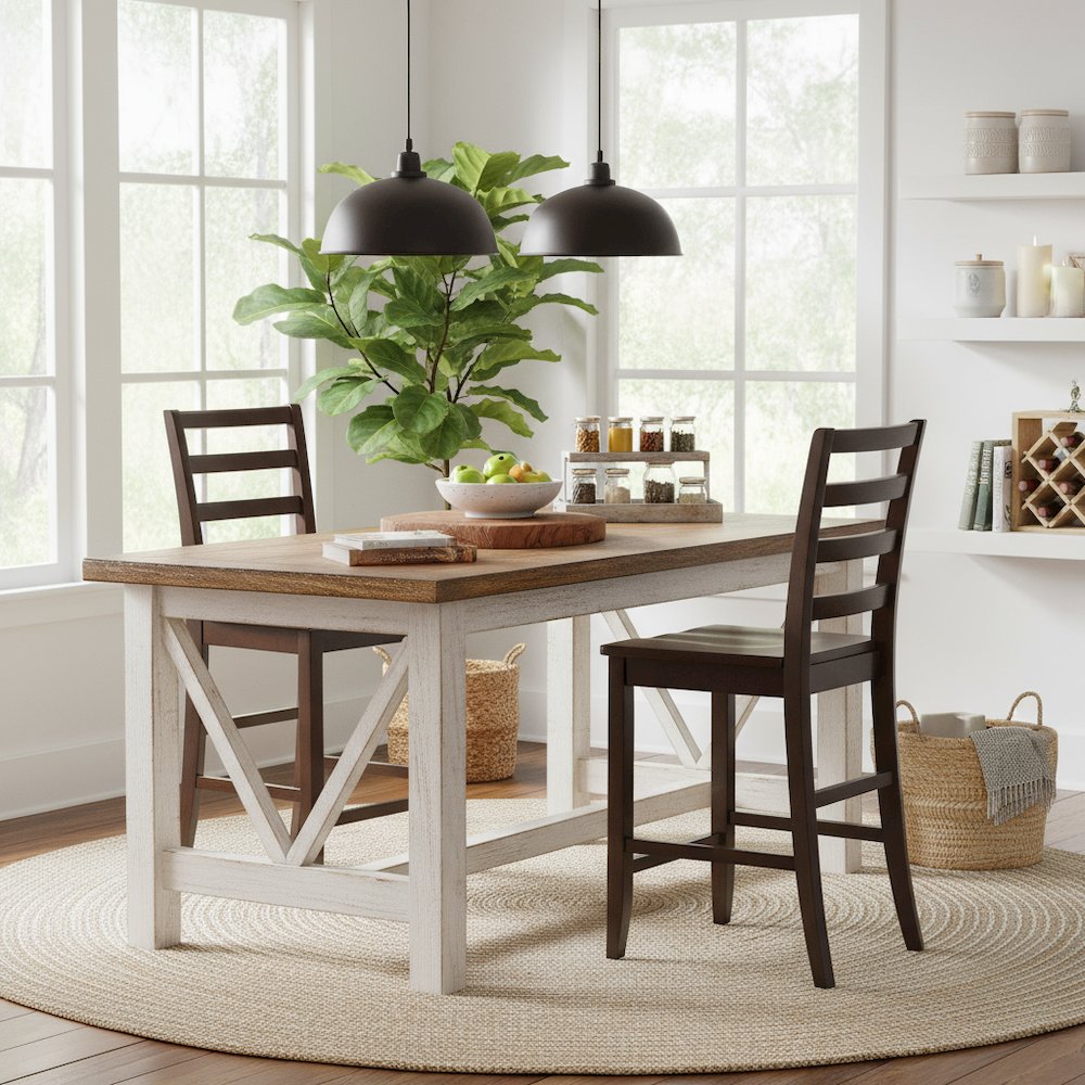 Wood Seat Counter Stools Set of 2, Ladder Back, Cappuccino Finish, Solid Wood. Picture 3