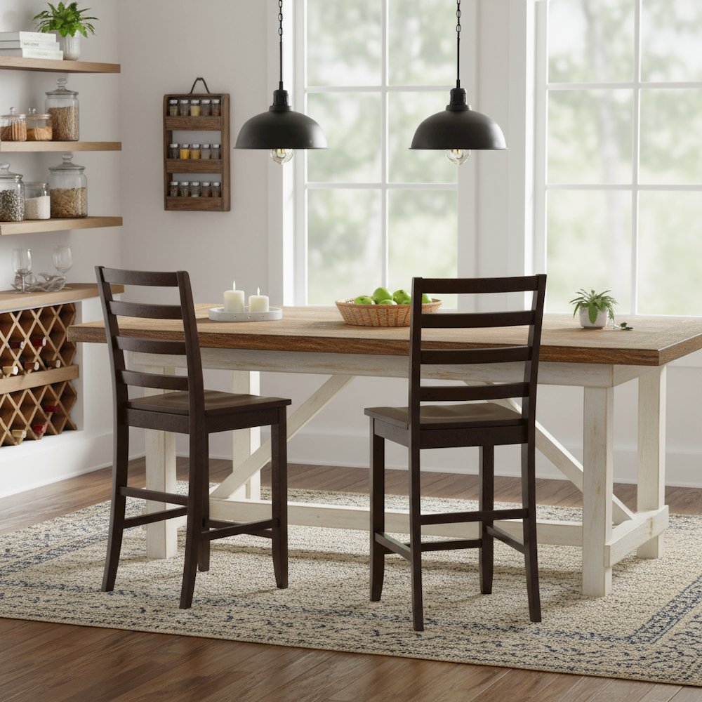Wood Seat Counter Stools Set of 2, Ladder Back, Cappuccino Finish, Solid Wood. Picture 4
