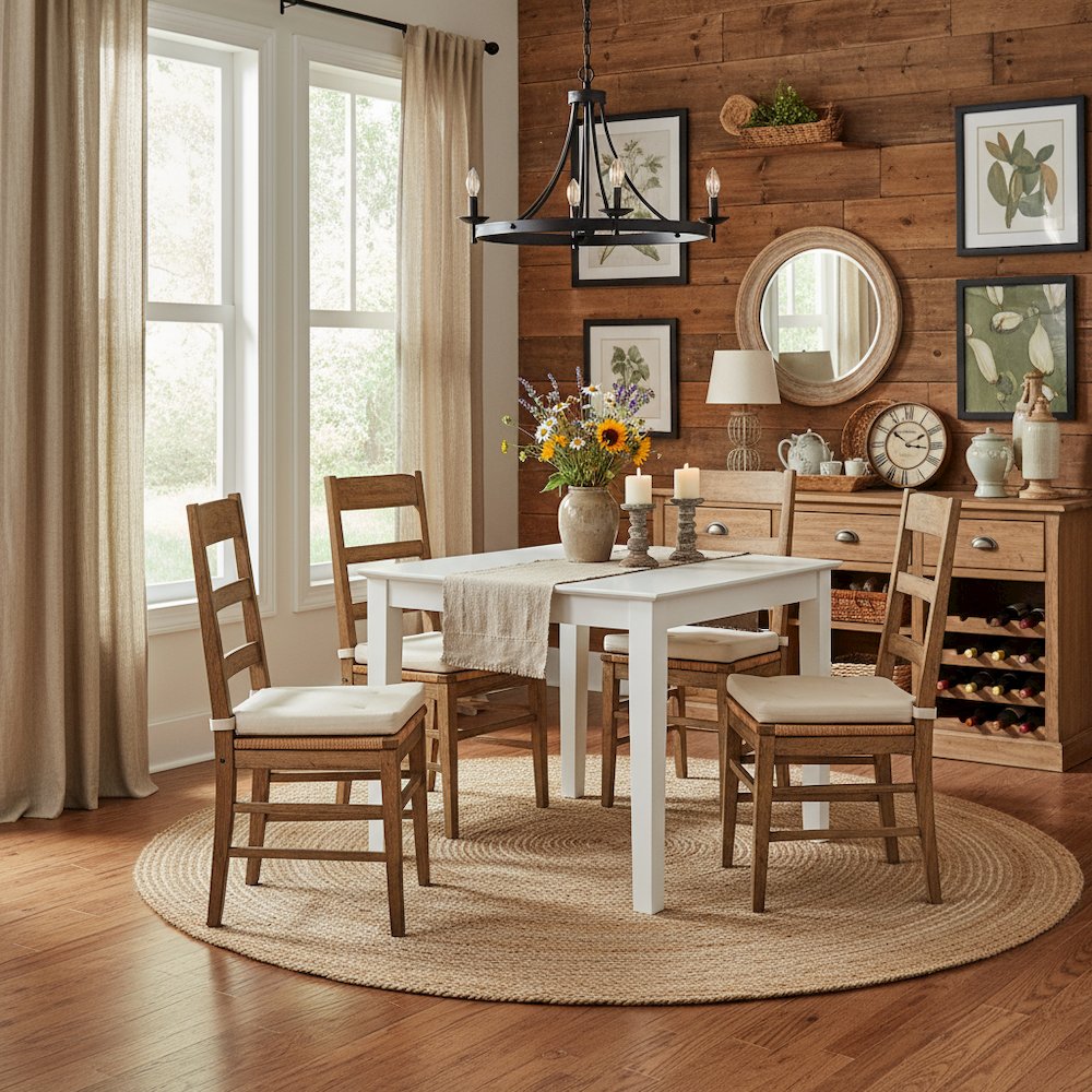 Square Dining Table, Linen White Finish, Solid Wood, Farmhouse Style. Picture 2