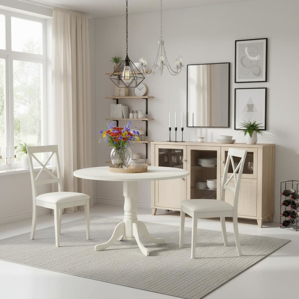White Dining Set, Round Drop Leaf Table, X-Back Chairs, 2-Person, Faux Leather. Picture 4