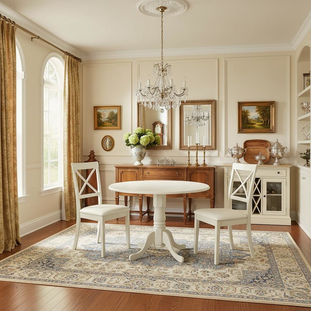 White Dining Set, Round Drop Leaf Table, X-Back Chairs, 2-Person, Faux Leather. Picture 7