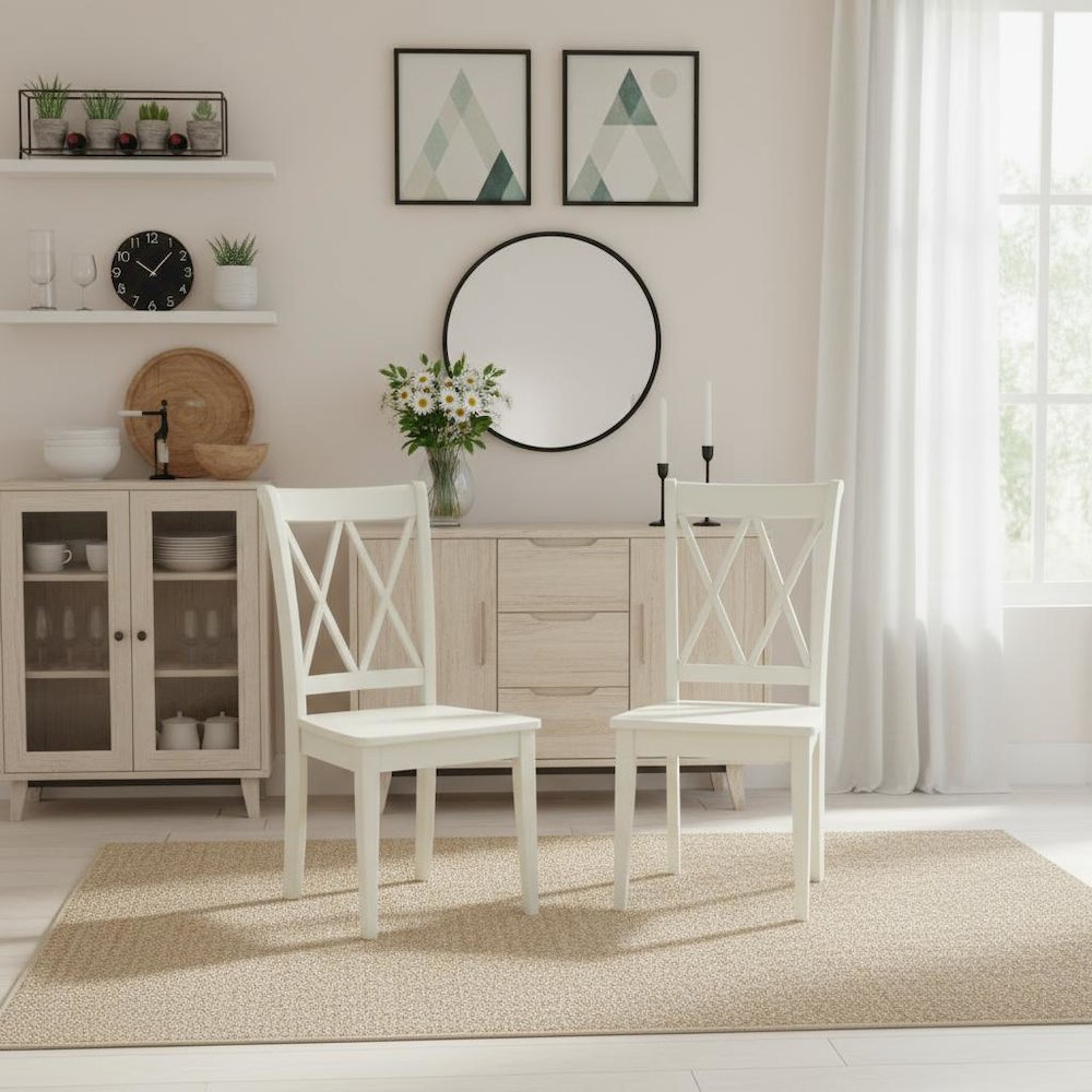 Linen White Dining Chair, Wooden Seat, Double X-Back, Set of 2, Solid Wood. Picture 4