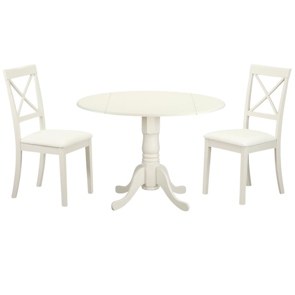 White Dining Set, Round Drop Leaf Table, X-Back Chairs, 2-Person, Faux Leather. Picture 8
