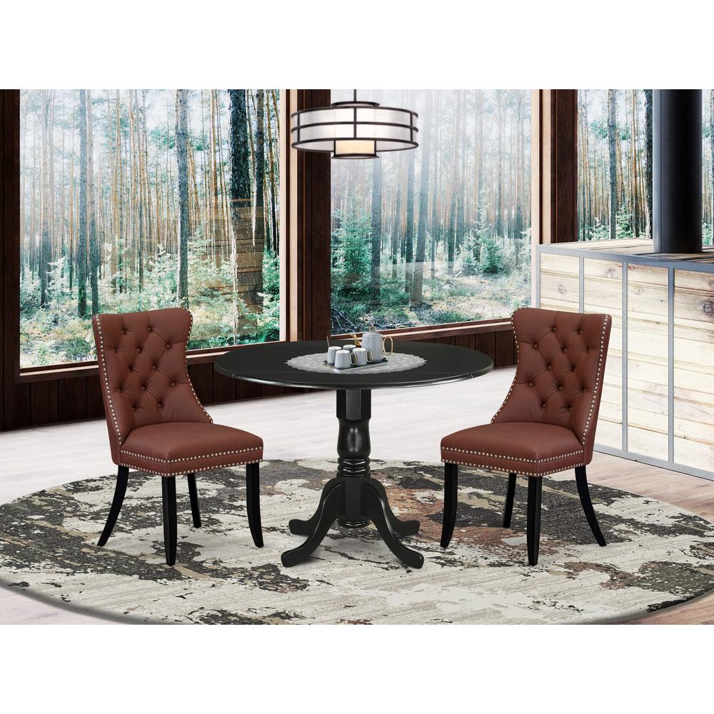East West Furniture Dublin 3 Piece Dining Room Furniture Set Includes a Round Kitchen Table with Dropleaf and 2 Upholstered Chairs, 42x42 Inch, Black. Picture 2