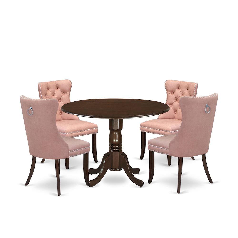 5 Piece Dining Room Set Consists of a Round Solid Wood Table with Dropleaf. Picture 1