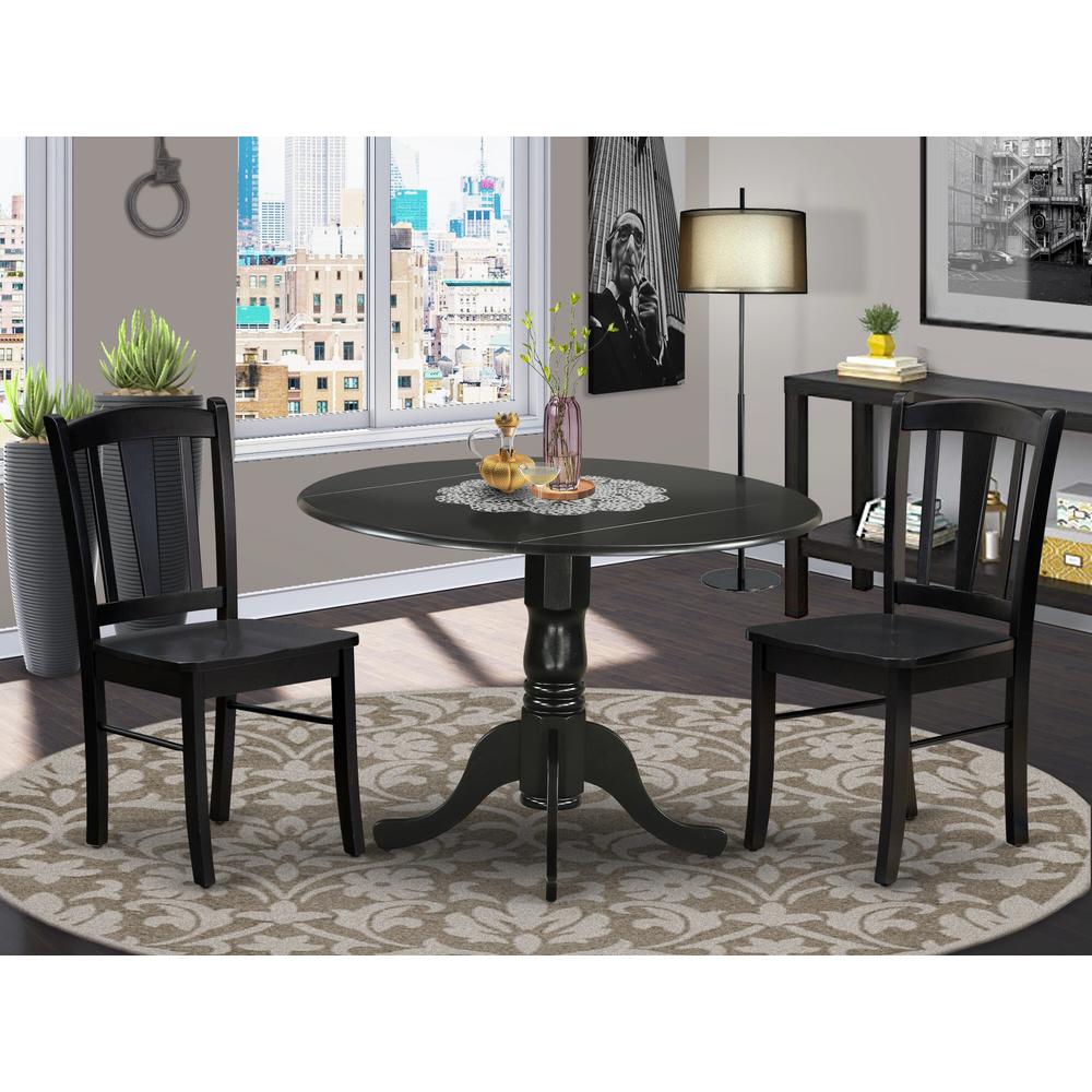 DLDL3-BLK-W - 3-Pc Dining Table Set - 2 Wood Kitchen Chairs and 1 Drops Leaf Kitchen Table - Black Finish. Picture 8