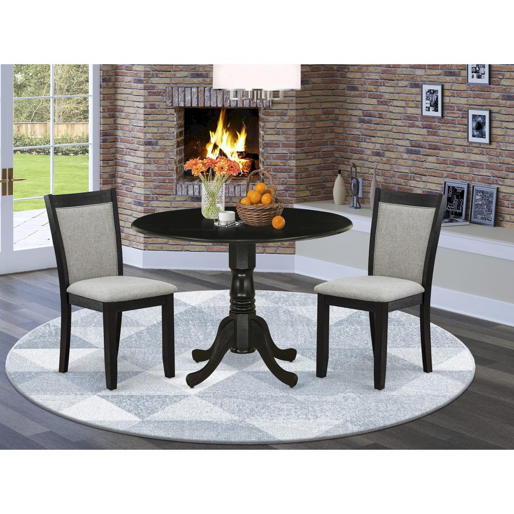 East West Furniture 3-Pc Modern Dining Table Set Consists of a Dining Room Table with Drop Leaves and 2 Shitake Linen Fabric Dining Chairs - Wire Brushed Black Finish. Picture 2
