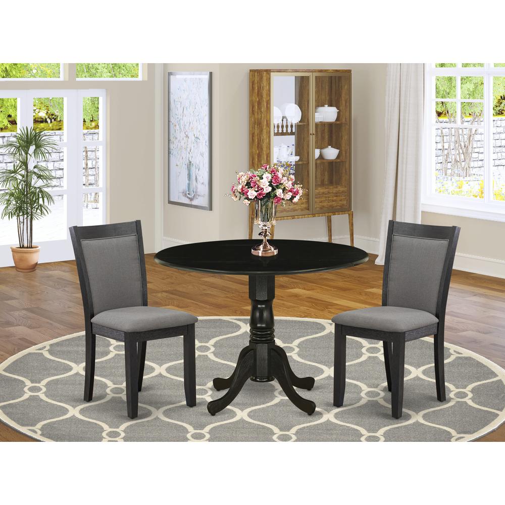 East West Furniture 3-Piece Dining Set Includes a Dining Table with Drop Leaves and 2 Dark Gotham Grey Linen Fabric Dining Chairs - Wire Brushed Black Finish. Picture 2