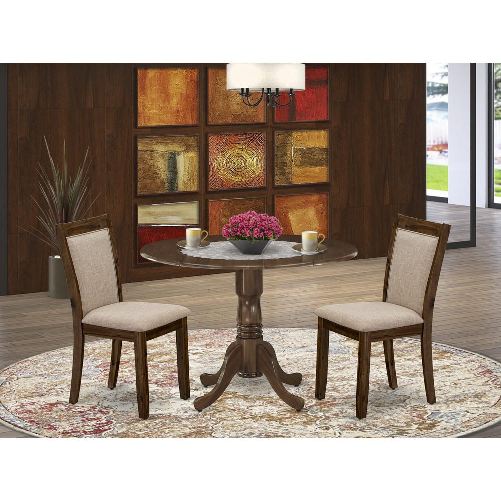 East West Furniture 3-Piece Dining Room Set Consists of a Pedestal Table with Drop Leaves and 2 Light Tan Linen Fabric Dining Chairs - Sand Blasting Antique Walnut Finish. Picture 2