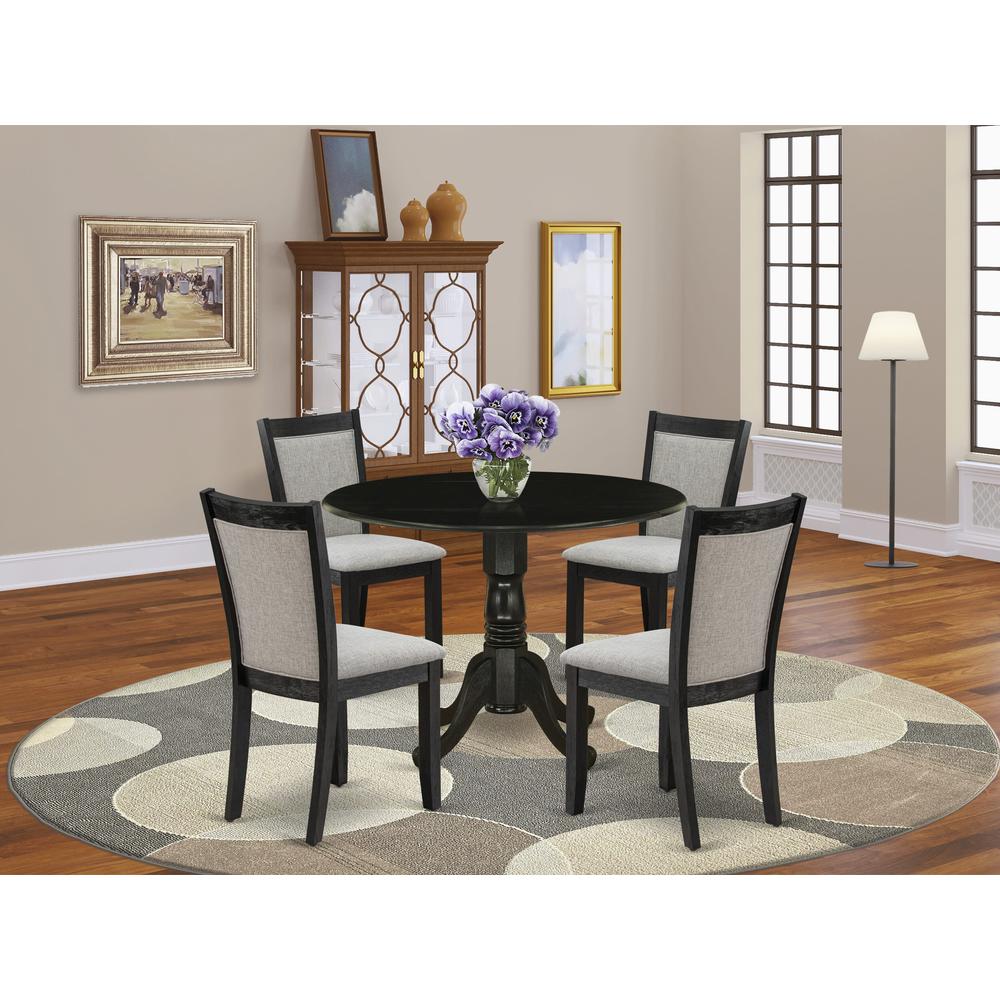 East West Furniture 5-Pc Dinette Set Contains a Pedestal Table with Drop Leaves and 4 Shitake Linen Fabric Parson Dining Chairs - Wire Brushed Black Finish. Picture 2