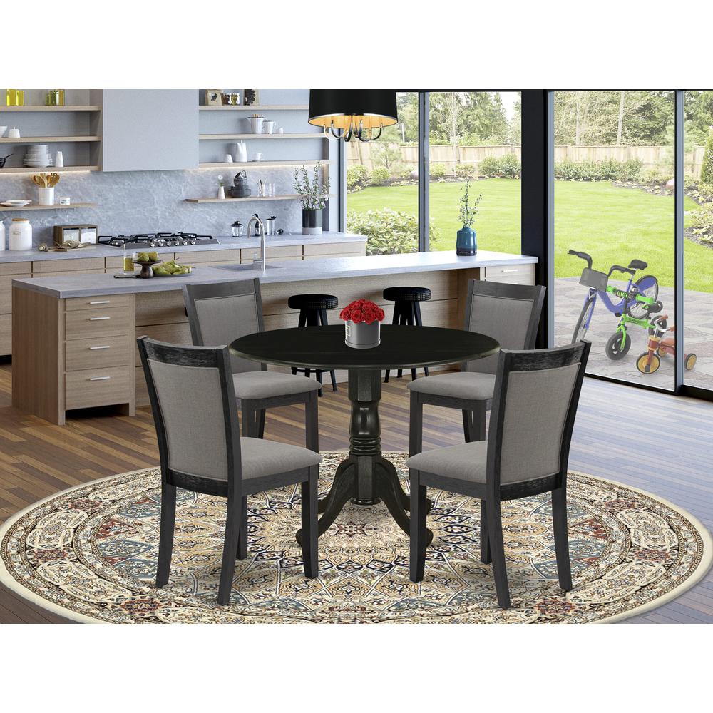 East West Furniture 5-Piece Modern Dining Table Set Consists of a Dining Table with Drop Leaves and 4 Dark Gotham Grey Linen Fabric Dining Chairs - Wire Brushed Black Finish. Picture 2