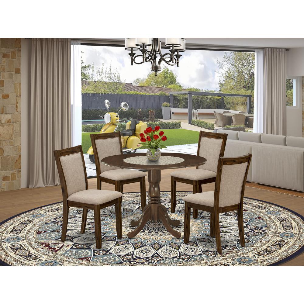 East West Furniture 5-Pc Dining Room Table Set Consists of a Wood Table with Drop Leaves and 4 Light Tan Linen Fabric Kitchen Chairs - Sand Blasting Antique Walnut Finish. Picture 2