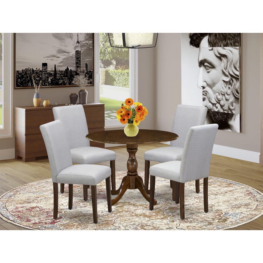 East West Furniture 5 Piece Kitchen Table Set Contains 1 Drop Leaves Wooden Table and 4 Grey Linen Fabric Parson Dining Chairs with High Back - Acacia Walnut Finish. Picture 2