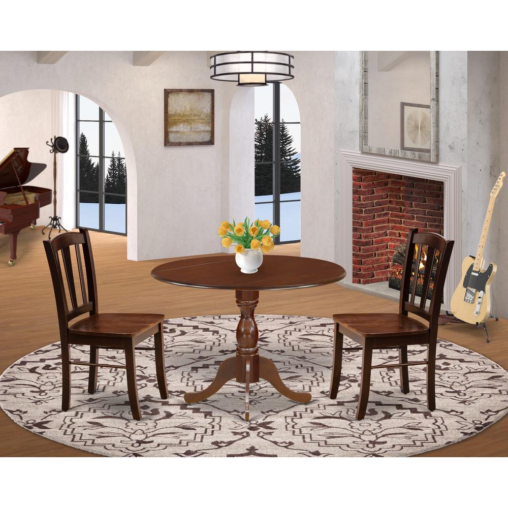 DMDL3-MAH-W - 3-Pc Dinette Set- 2 Mid Century Chair with Wooden Seat and Slatted Chair Back - Dropleafs dining table - Mahogany Finish. Picture 7
