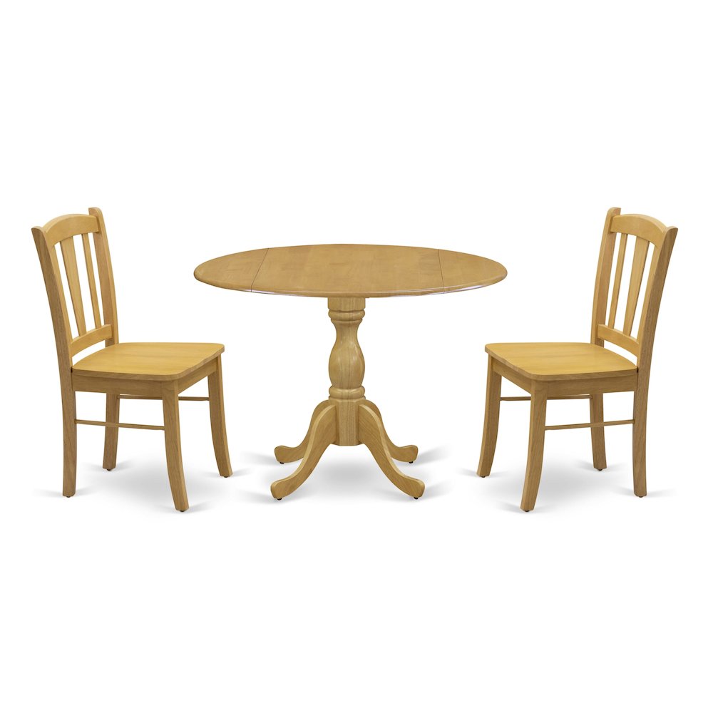 East West Furniture 3-Piece Dining Room Set- 2 Wood Chair with Wooden Seat and Slatted Chair Back - Dropleafs Round Dining Table - Oak Finish. Picture 1