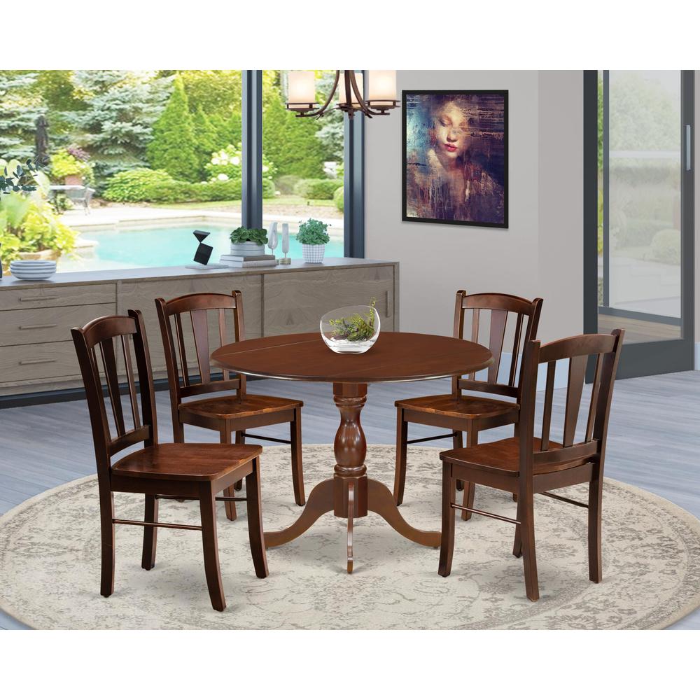 DMDL5-MAH-W - 5-Pc Kitchen Dining Room Set- 4 Dining Chairs with Wooden Seat and Slatted Chair Back - Dropleafs Dining Room Table - Mahogany Finish. Picture 7