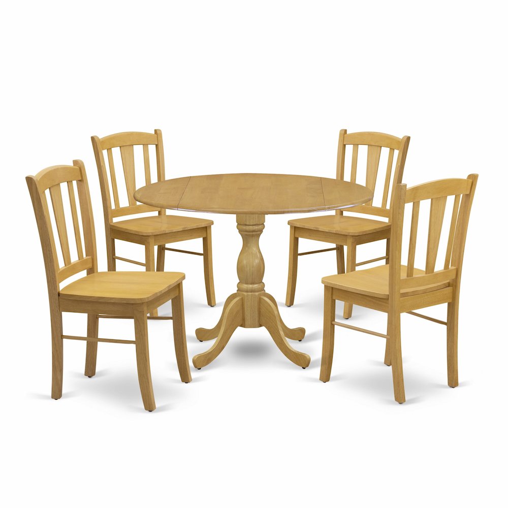 East West Furniture 5-Piece Dining Room Table Set- 4 Dining Chair with Wooden Seat and Slatted Chair Back - Dropleafs Dining Table - Oak Finish. Picture 1