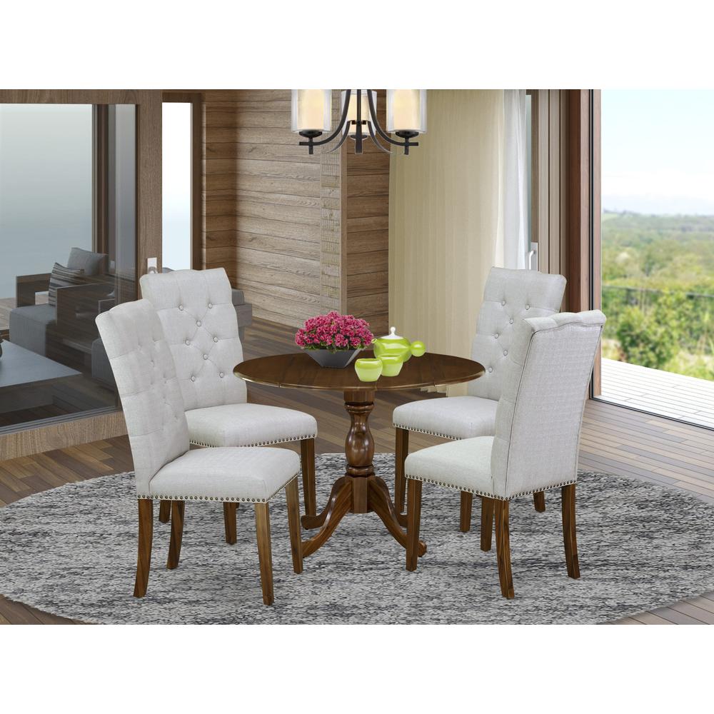 East West Furniture 5 Piece Dining Room Set Contains 1 Drop Leaves Dining Table and 4 Grey Linen Fabric Kitchen Chairs Button Tufted Back white Nail Heads - Acacia Walnut Finish. Picture 2