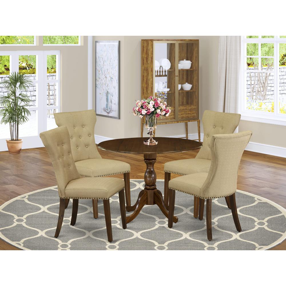 East West Furniture 5 Piece Wood Dining Table Set Contains 1 Drop Leaves Dining Table and 4 Brown Linen Fabric Kitchen Chair Button Tufted Back with Nail Heads - Acacia Walnut Finish. Picture 2