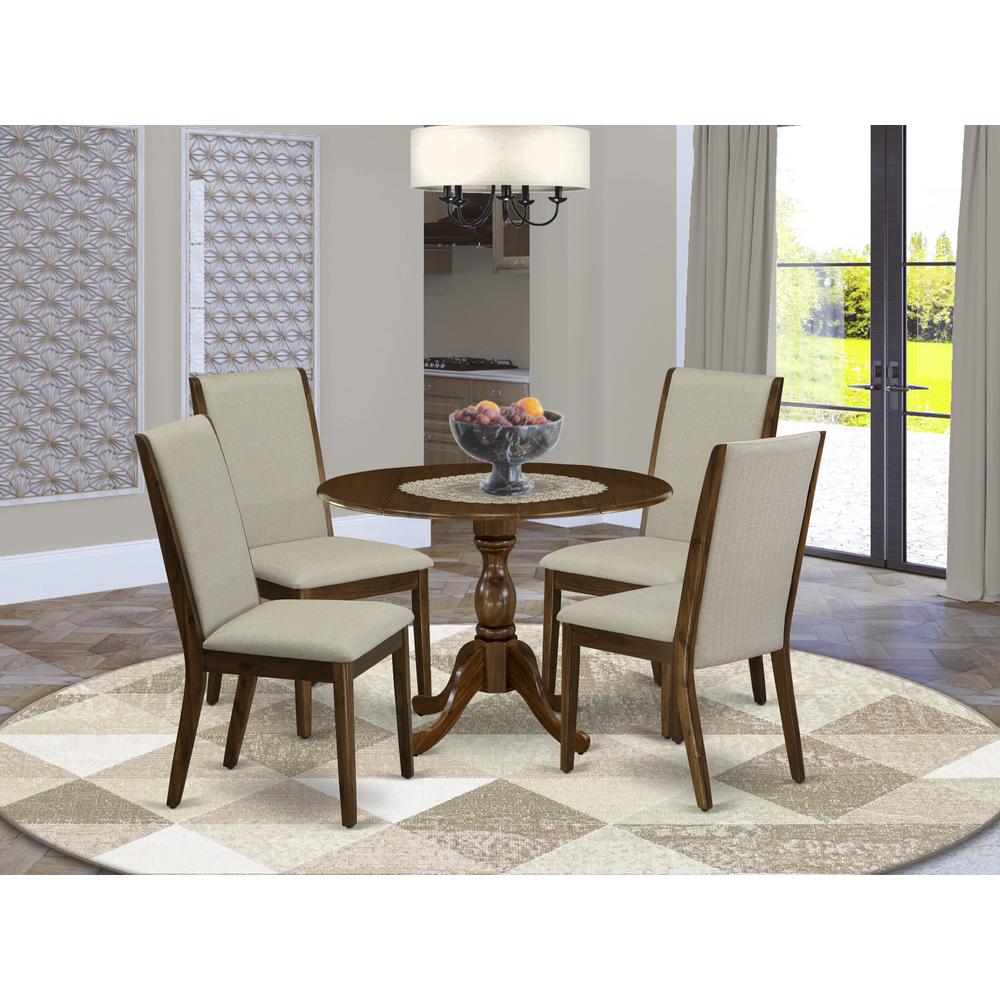 East West Furniture 5 Piece Modern Dining Table Set Includes 1 Drop Leaves Dining Table and 4 Grey Linen Fabric Parsons Chair with High Back - Acacia Walnut Finish. Picture 2
