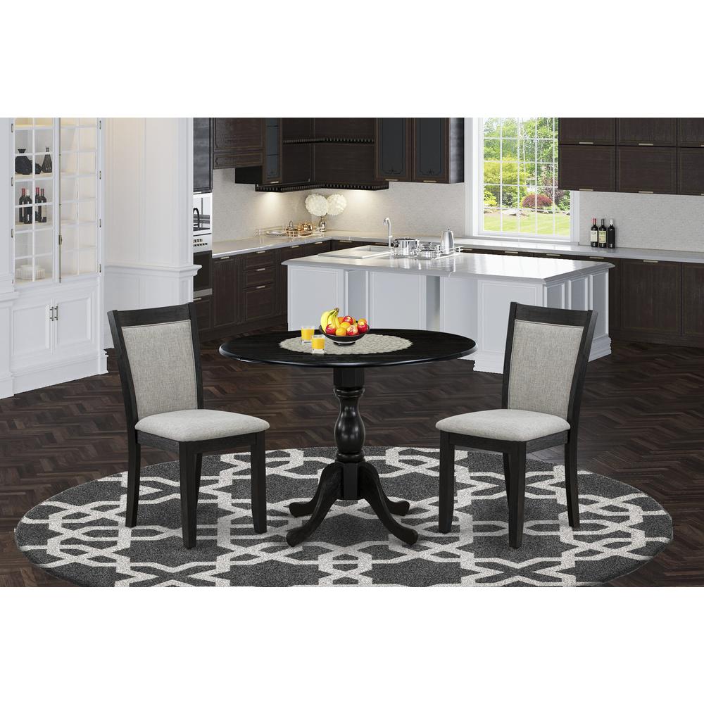 East West Furniture 3-Piece Dining Room Set Includes a Modern Dining Room Table with Drop Leaves and 2 Shitake Linen Fabric Parson Chairs - Wire Brushed Black Finish. Picture 2